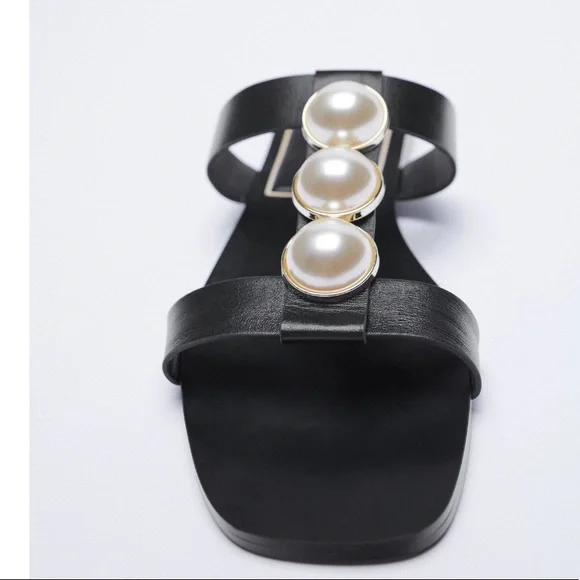 Zara Black Leather Square toe pearl detail sandals - Picture 3 of 5